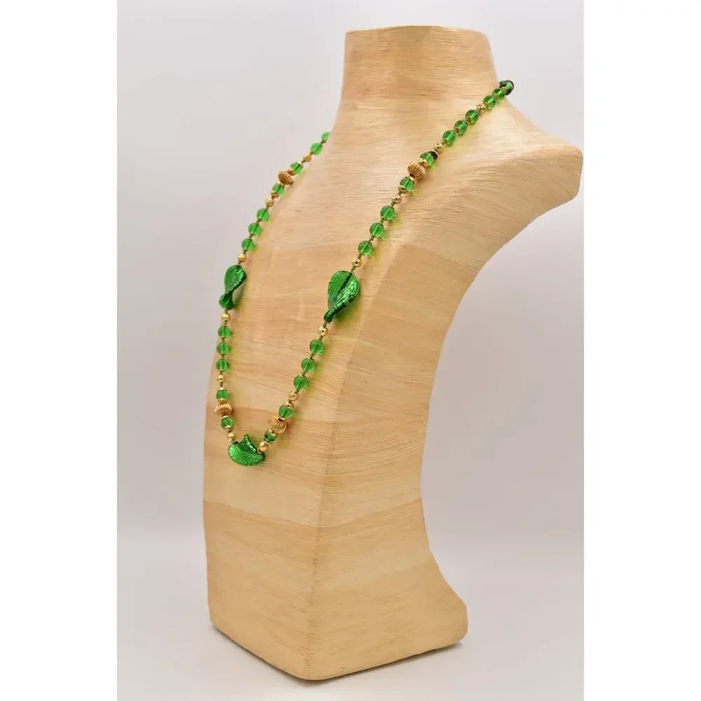 Vintage Artisan Glass Beaded Necklace Green Leaf Gold Fall Autumn 1980s BinBL